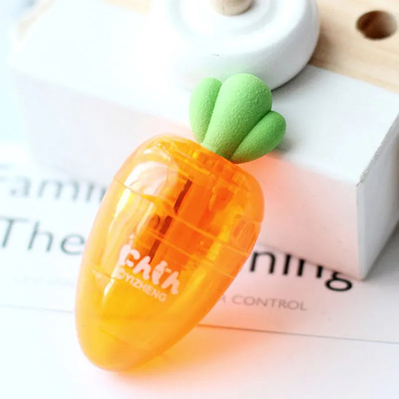 Orange carrot-shaped plastic pencil sharpener with cartoon design showing 7cm handle length