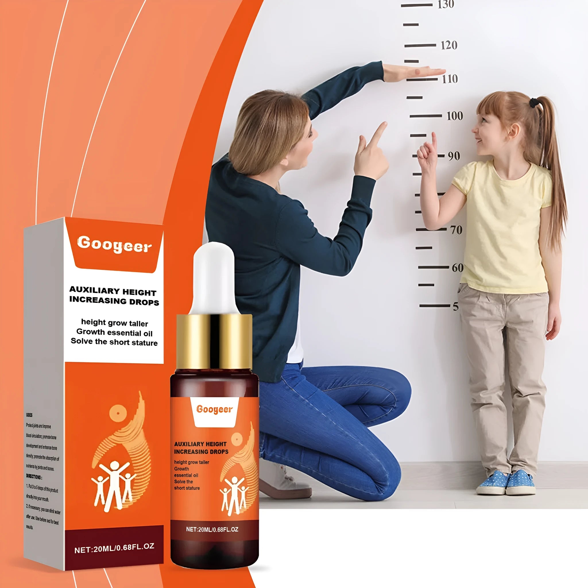 Googeer Auxiliary Height Increasing Drops bottle, 20ml capacity, with packaging showing dimensions.