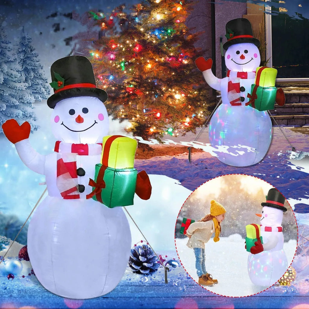 Outdoor Christmas inflatable decoration with LED lights showing Santa, snowman, and tree designs