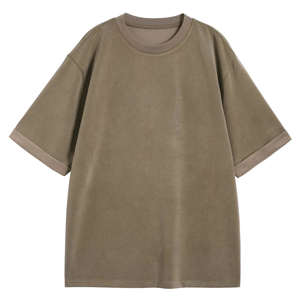 Men's loose drape knit casual T-shirt in solid colours brown, white, and black.