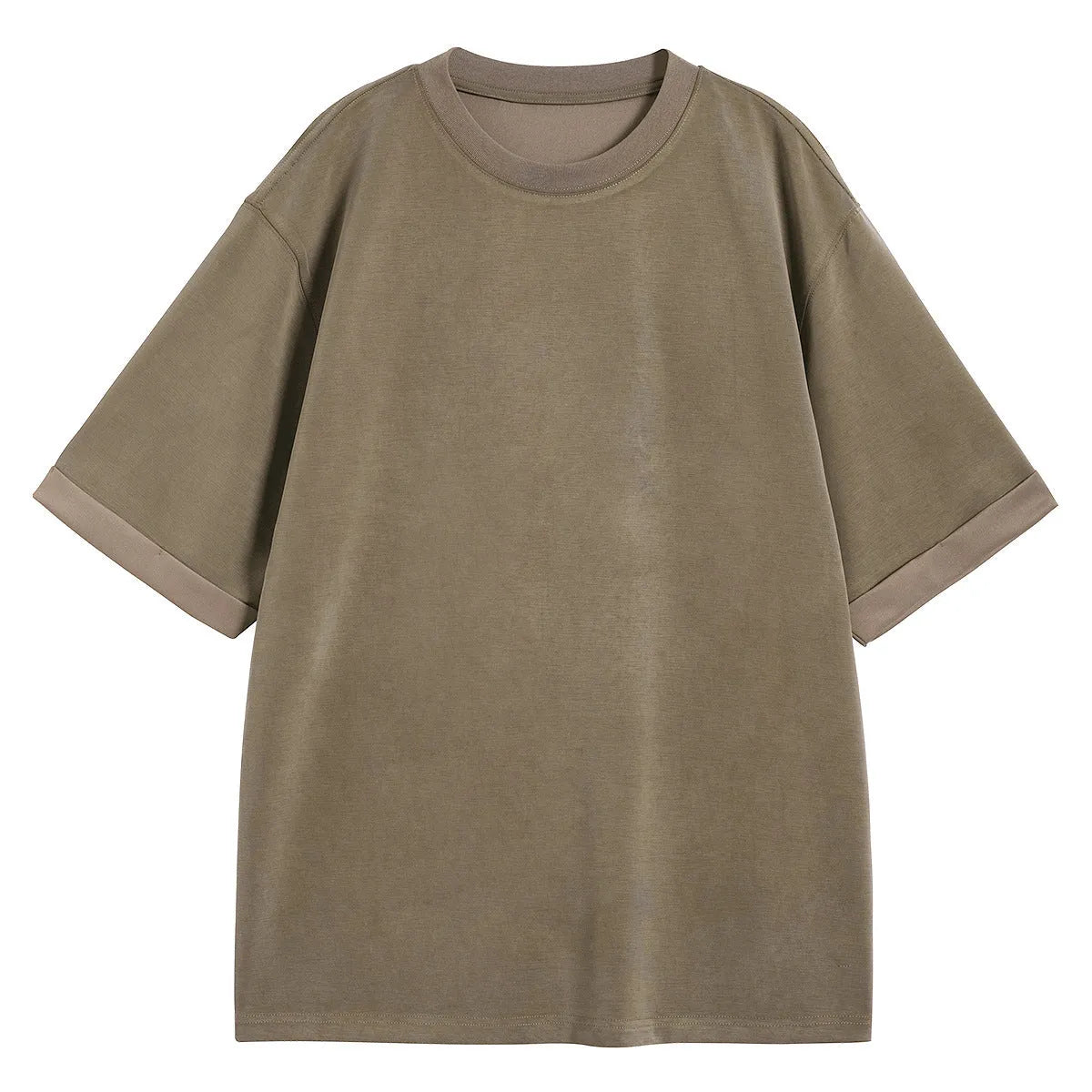 Men's loose drape knit casual T-shirt in solid colours brown, white, and black.