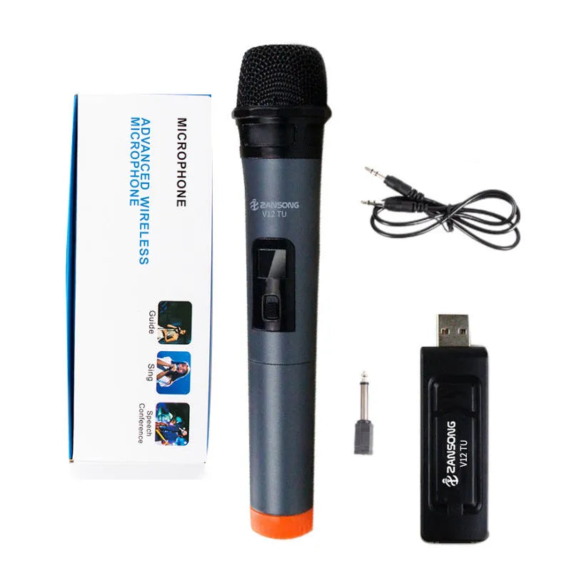 Black ZANSONG V12 dynamic wired microphone with cable, USB receiver, and audio adapter.