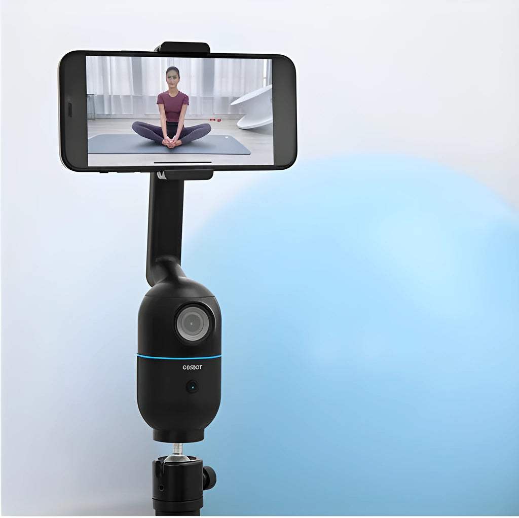Black mobile phone bracket with face-following and PTZ tripod, shown folded and unfolded.