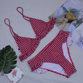 Red and green plaid bikini two-piece swimwear for women with chest pad, size S M L XL