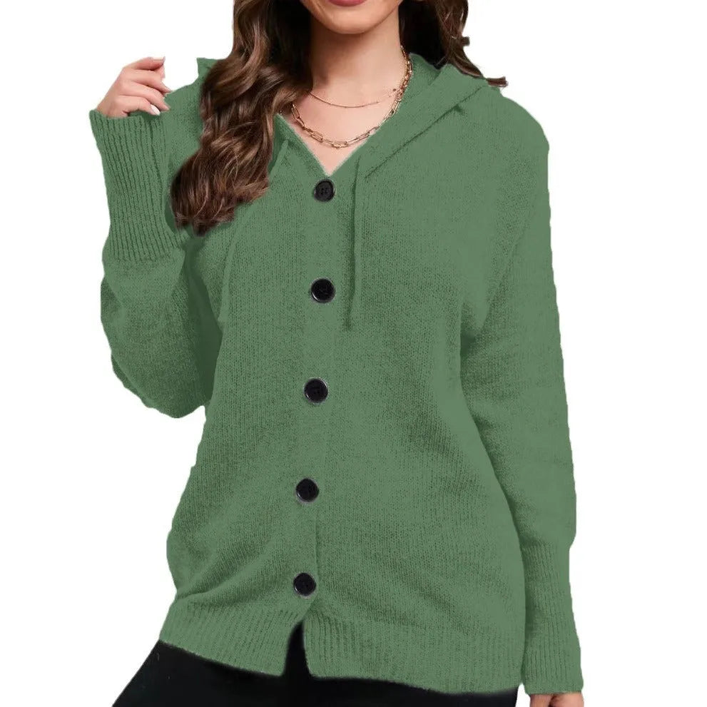 Women's loose fit hooded cardigan in solid colours including army green and sapphire blue.