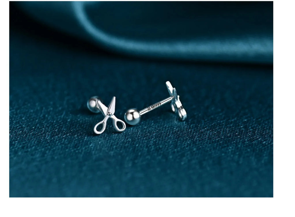 Pure silver screw-style ear nails for cartilage piercings with mini scissors design