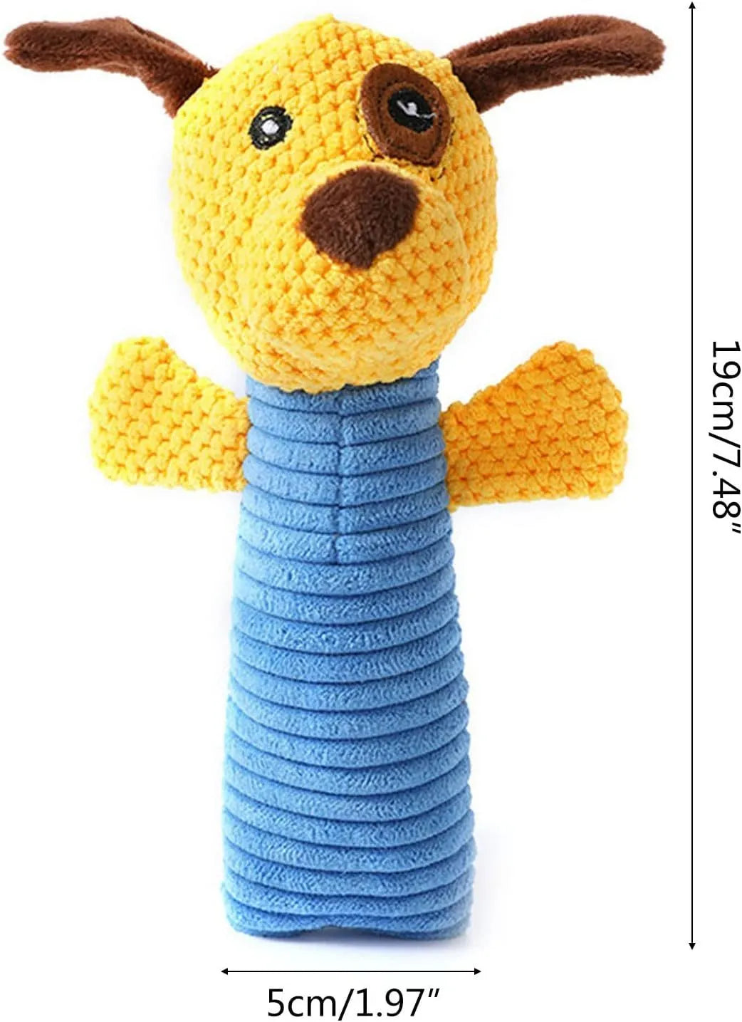 Soft cloth and polyester fibre squeaky stuffed dog chew toy, shown in calf, frog, or puppy shape, measuring 19cm long.