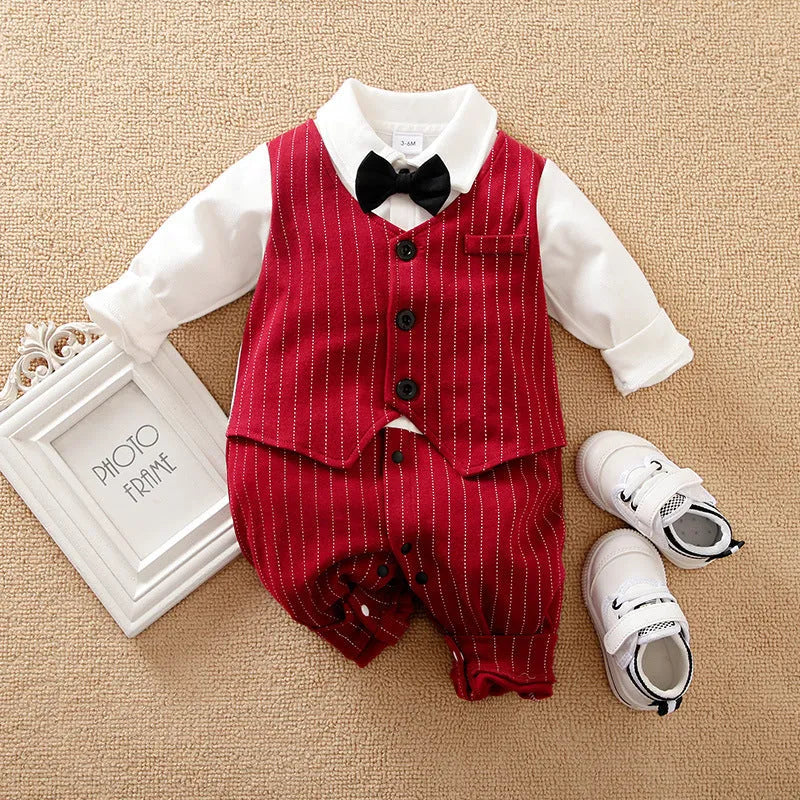 Baby boy gentleman-style long sleeve cotton jumpsuit in wine red, suitable for autumn and spring.
