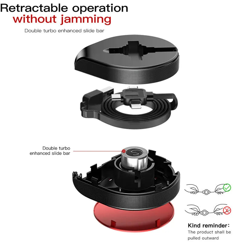 Telescopic three-in-one fast charging data cable extended to show iPhone, Android, and USB-C connectors