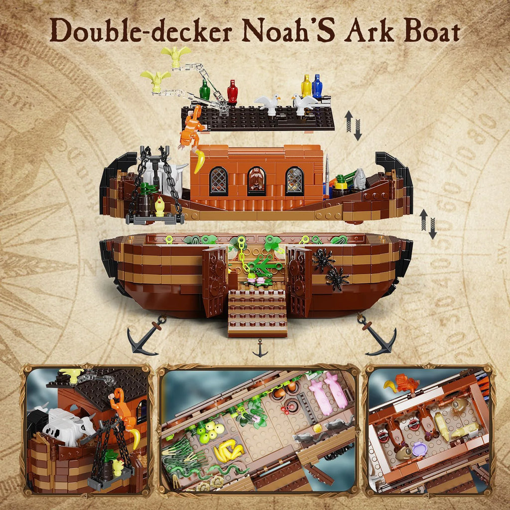 Brown plastic construction ship building block set assembled on a white surface, with blocks showing realistic ship details.