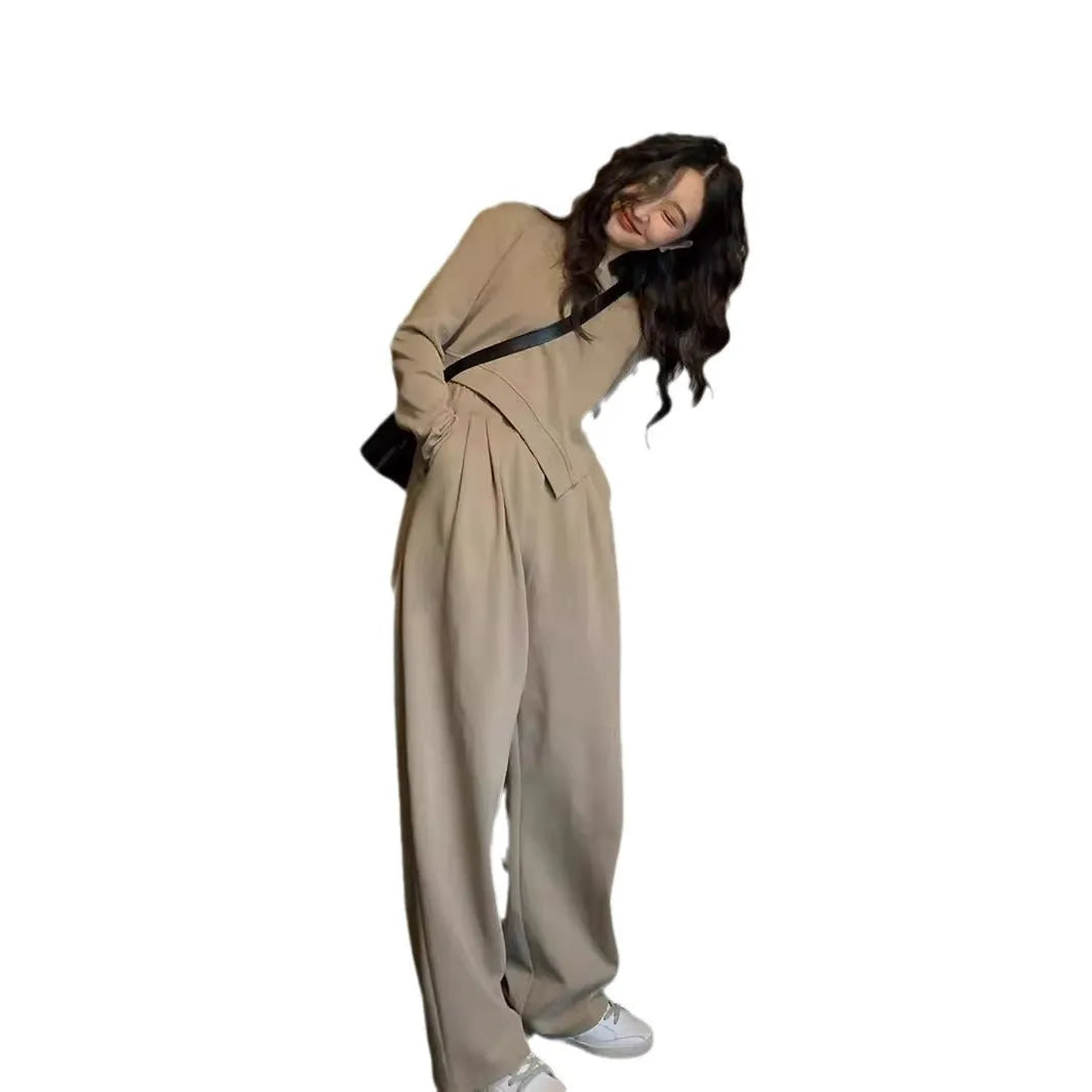 Women's brown casual sports suit with loose-fitting top and trousers in Japanese Korean style