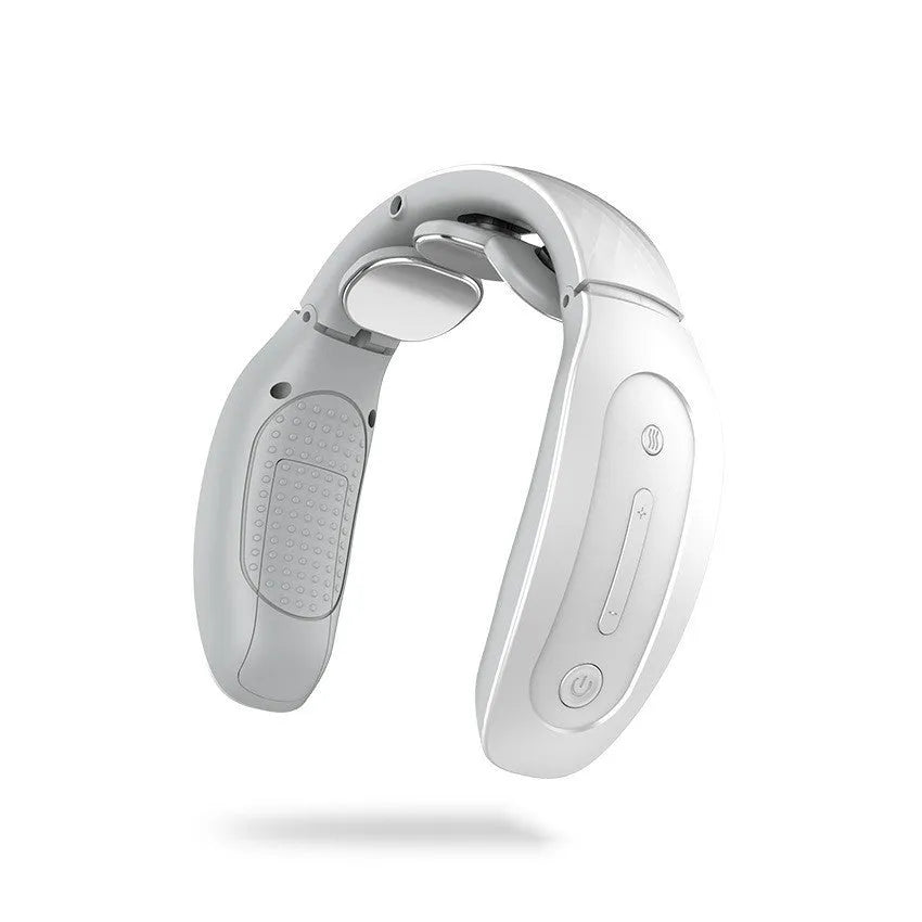 Red and white intelligent cervical massager unit with handheld design and multiple massage modes.