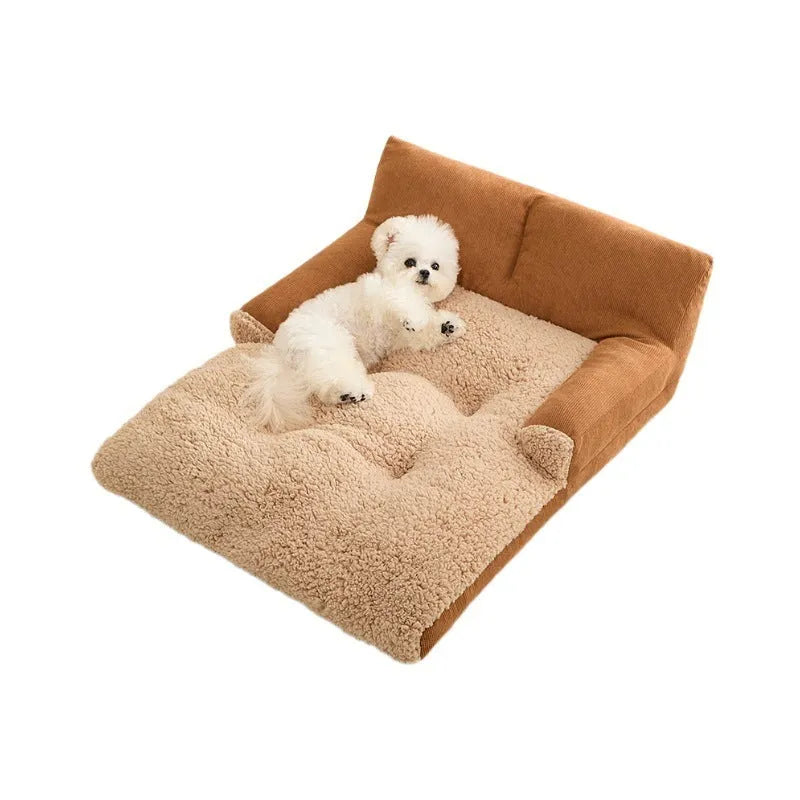 Grey removable plush cover dog kennel cushion mat with anti-slip base in three sizes.