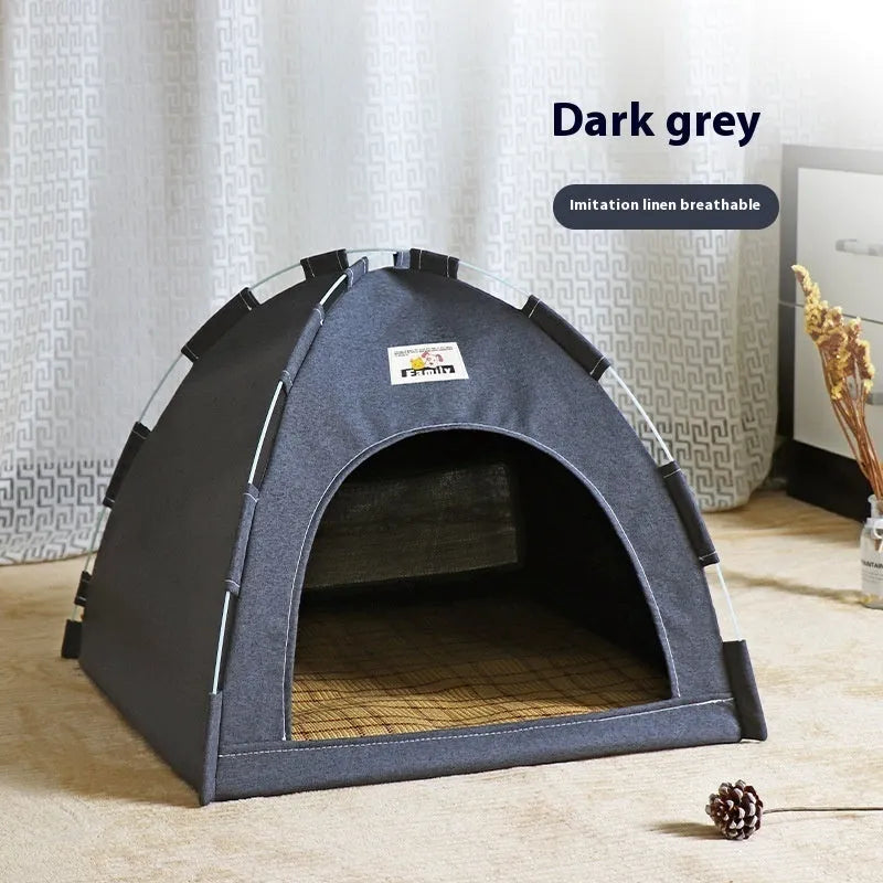 Washable grey tent-style pet bed for cats and small dogs with removable cover
