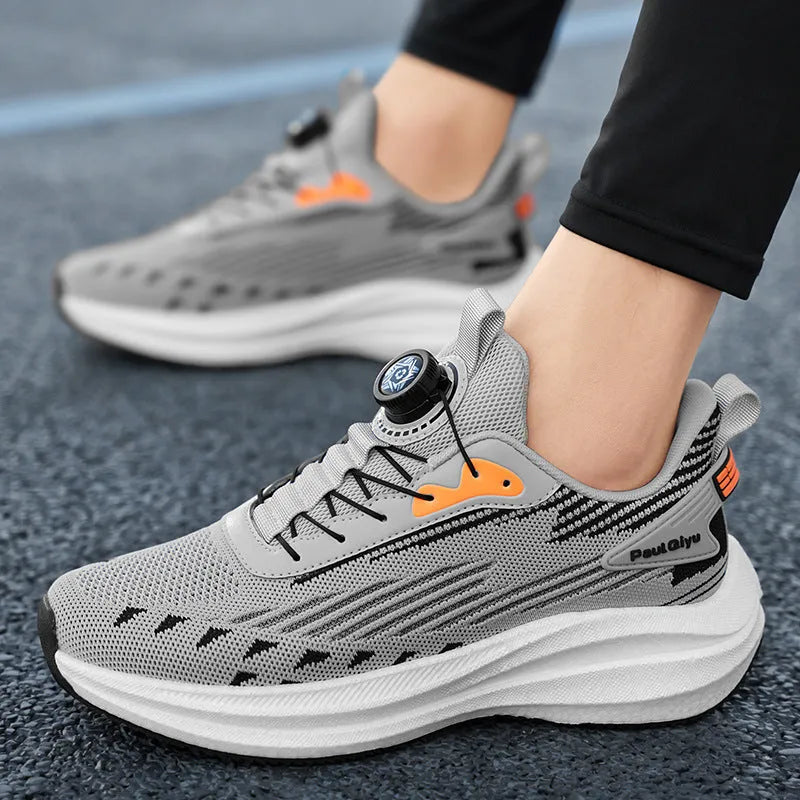 Men's Fly-knit mesh running shoes with rotating buckle closure in black, gray, and white-green colour options