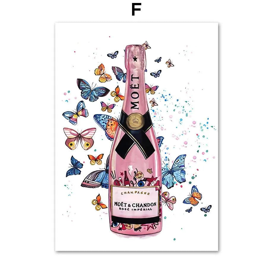 Modern cartoon canvas wall art print featuring a fashion bag girl with balloons and champagne.