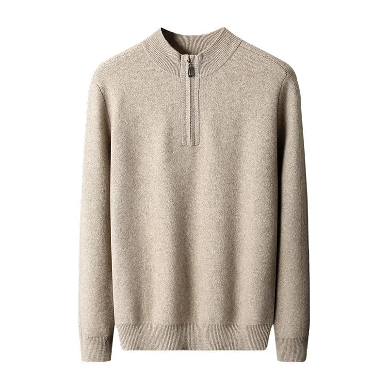 Men's half-high collar loose half-zip solid colour thickening pullover sweater in elephant gray with long sleeves