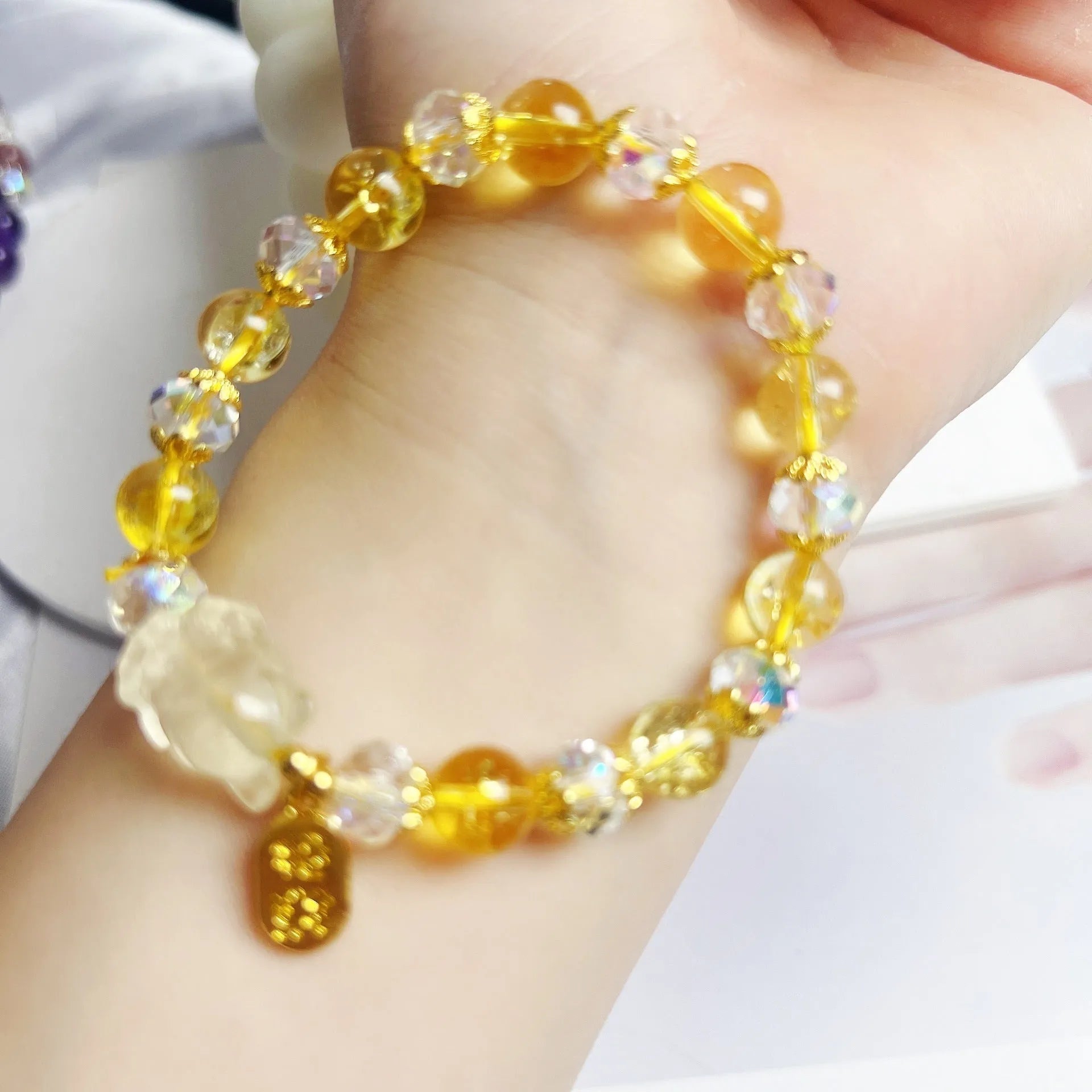 Original design natural citrine bracelet with detailed silver nine-tail fox charm for women