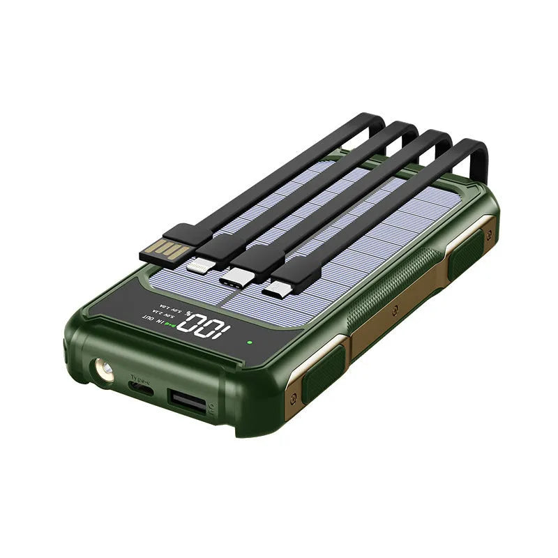 Military grade mobile power bank in black, green, or orange, showing compact size with 10000mAh or 20000mAh capacity.