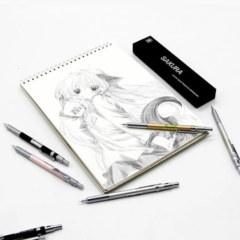 Metal mechanical pencil in gold, silver, black, or pink with 142mm length and 0.5mm or 0.3mm lead size