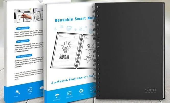 Rewritable paper notebook with black PP cover, spiral binding, and erasable pen on a desk