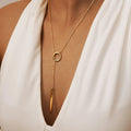 Gold electroplated stainless steel cross and ring geometric pendant necklace on O-link chain