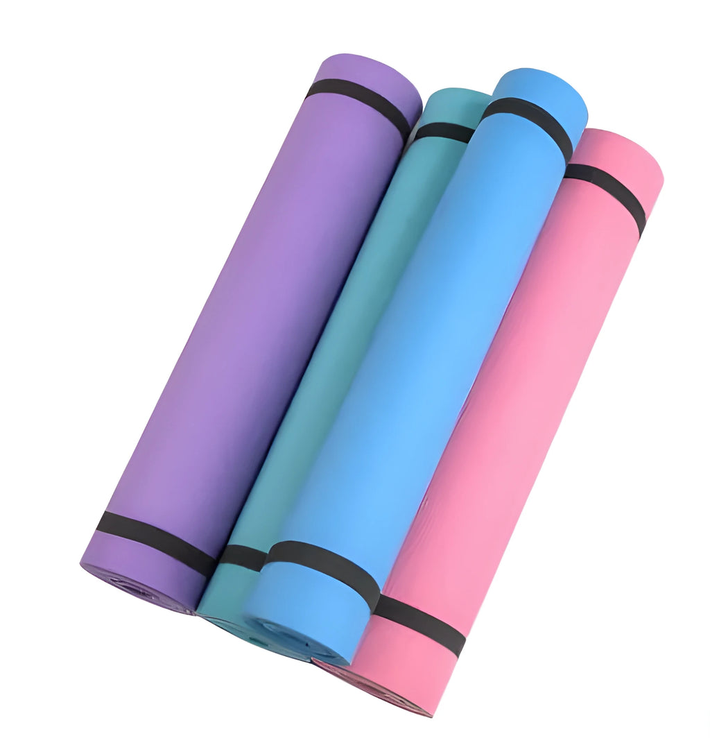 EVA yoga mat in blue colour showing 6mm thickness and textured anti-slip surface