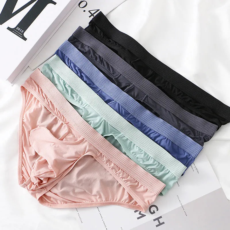Men's low waist briefs underwear in Ice Silk nylon fabric shown in one of five available colours.