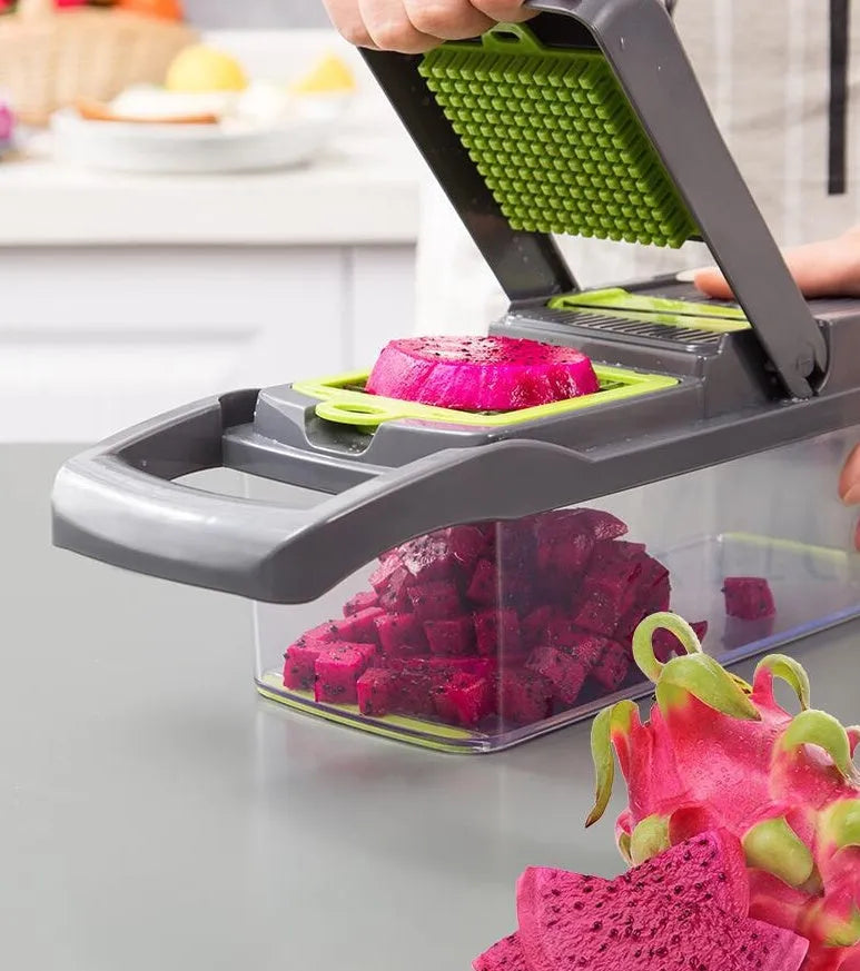 Multifunctional vegetable cutter with seven stainless steel blades and wheat straw plastic housing