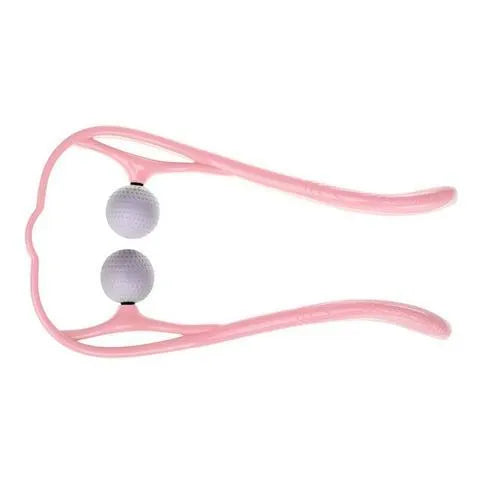 Handheld manual neck massage roller with adjustable stand and removable soft head in blue, green, or pink.