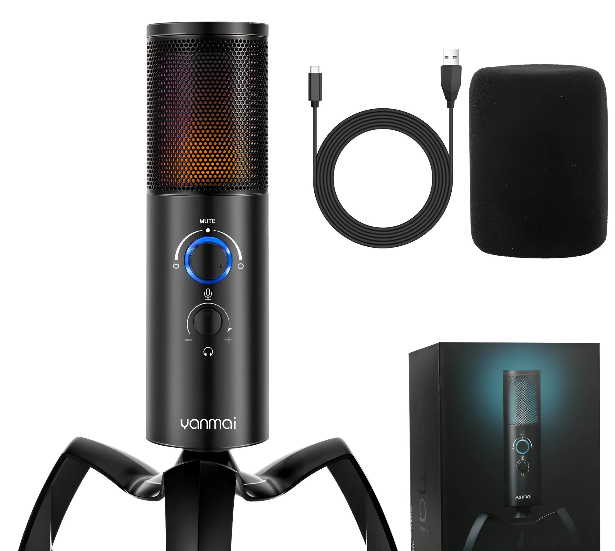 Black Q18 USB condenser microphone with RGB lighting on an adjustable metal tripod.
