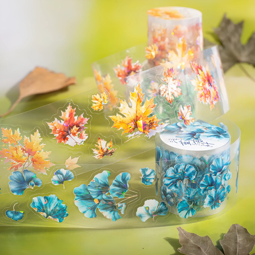 Roll of PET decorative stickers showing leaf patterns including ginkgo and maple designs, 40mm wide