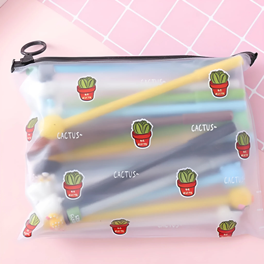 Marvel cartoon pen set showing 20 black 0.5mm pens with cactus designs in plastic storage case