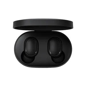 Black Redmi AirDots 2 True Wireless Bluetooth earbuds and charging case.