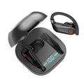 Black wireless Bluetooth earbuds headset with a 10-metre range and voice control functions.