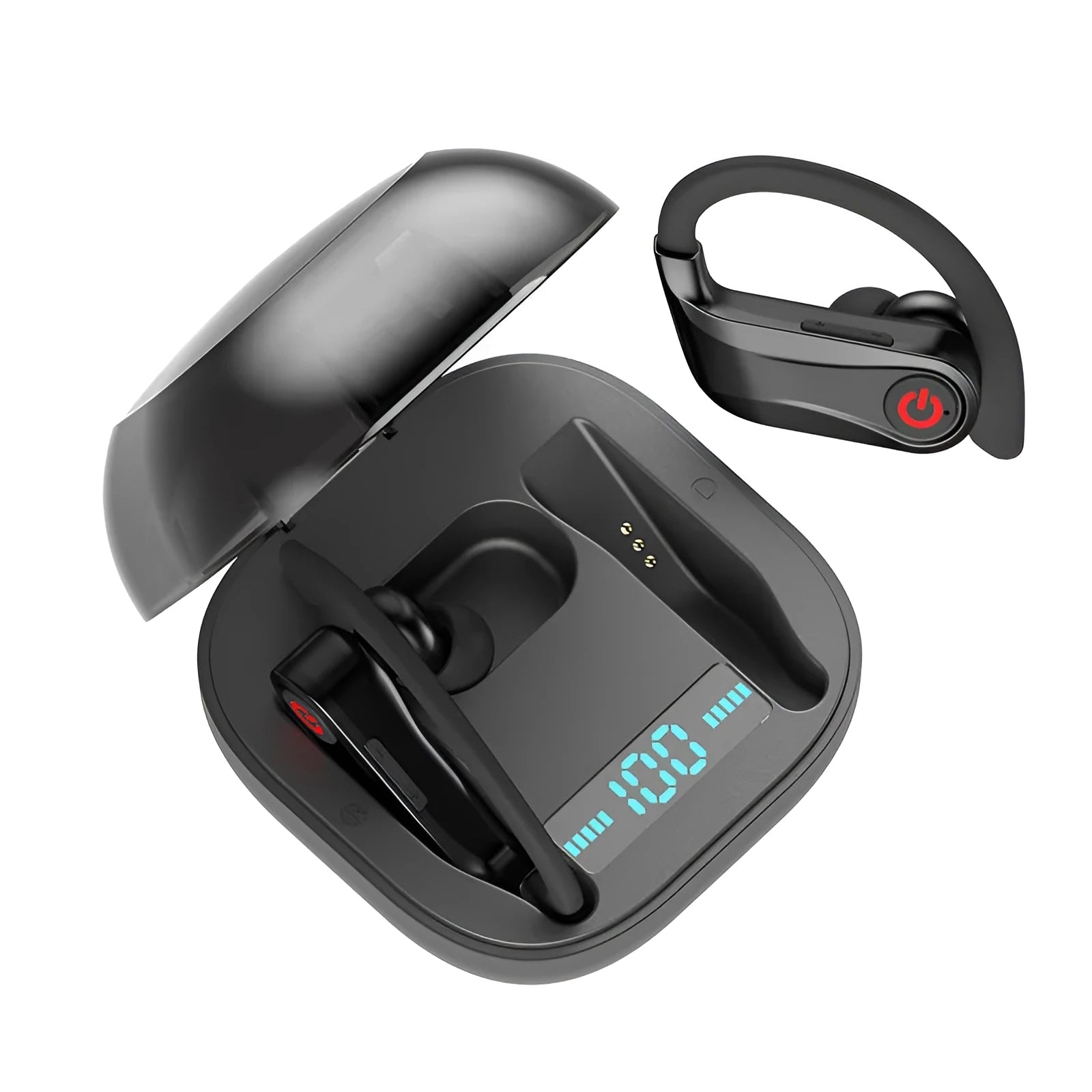 Black wireless Bluetooth earbuds headset with a 10-metre range and voice control functions.
