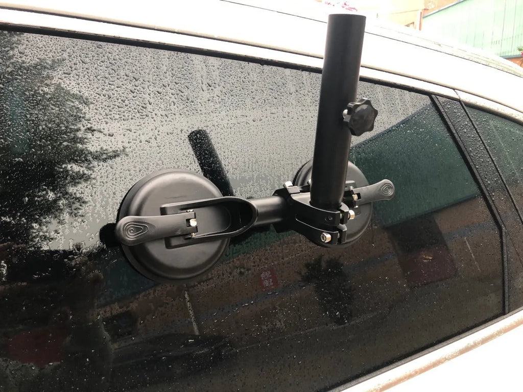 Black car flagpole glass sucker base with round rubber suction cup and ABS construction