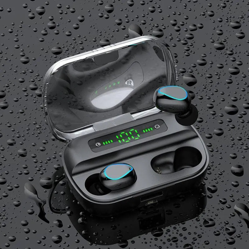 Black wireless Bluetooth headset with earplug design showing 10m range and Bluetooth 5.0 features