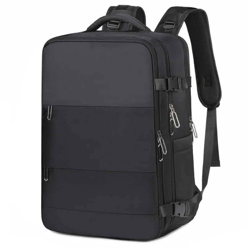 Large purple Oxford cloth travel backpack with air pillow belt system and multiple compartments