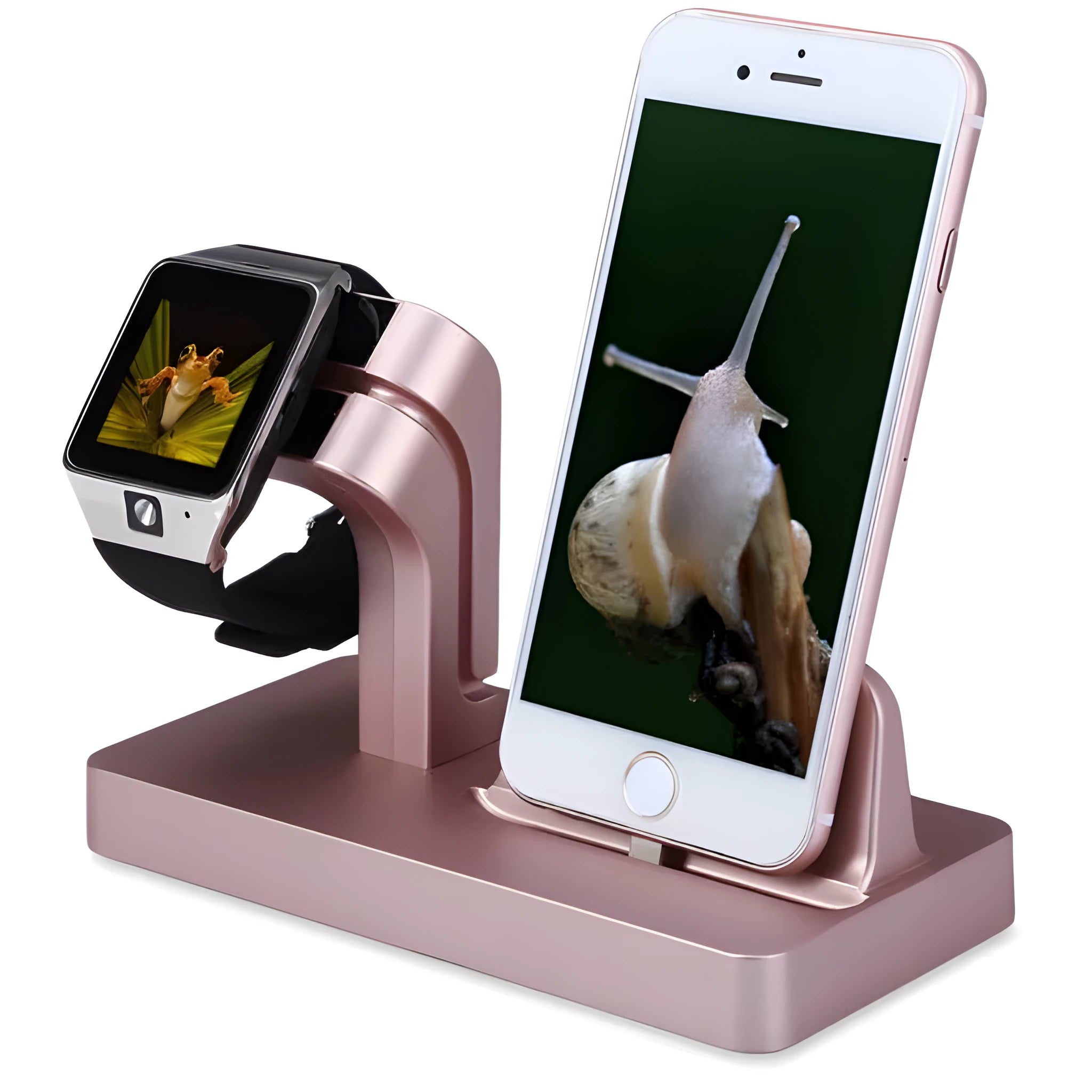 White Apple Watch and iPhone 2-in-1 charging dock station on a wooden desk.