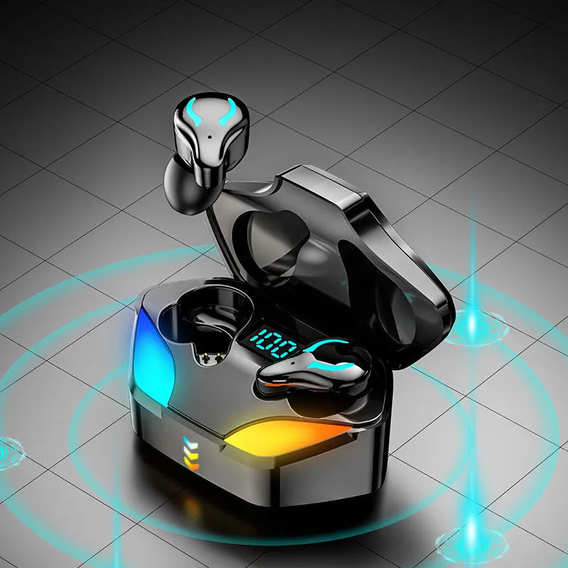 Black in-ear Bluetooth gaming headset for mobile e-sports.