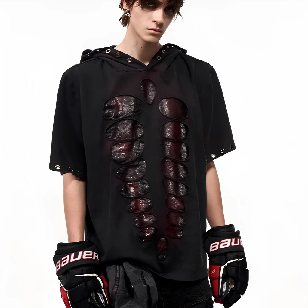 Black hooded short-sleeved T-shirt with sequin decoration in loose-fitting men's cut