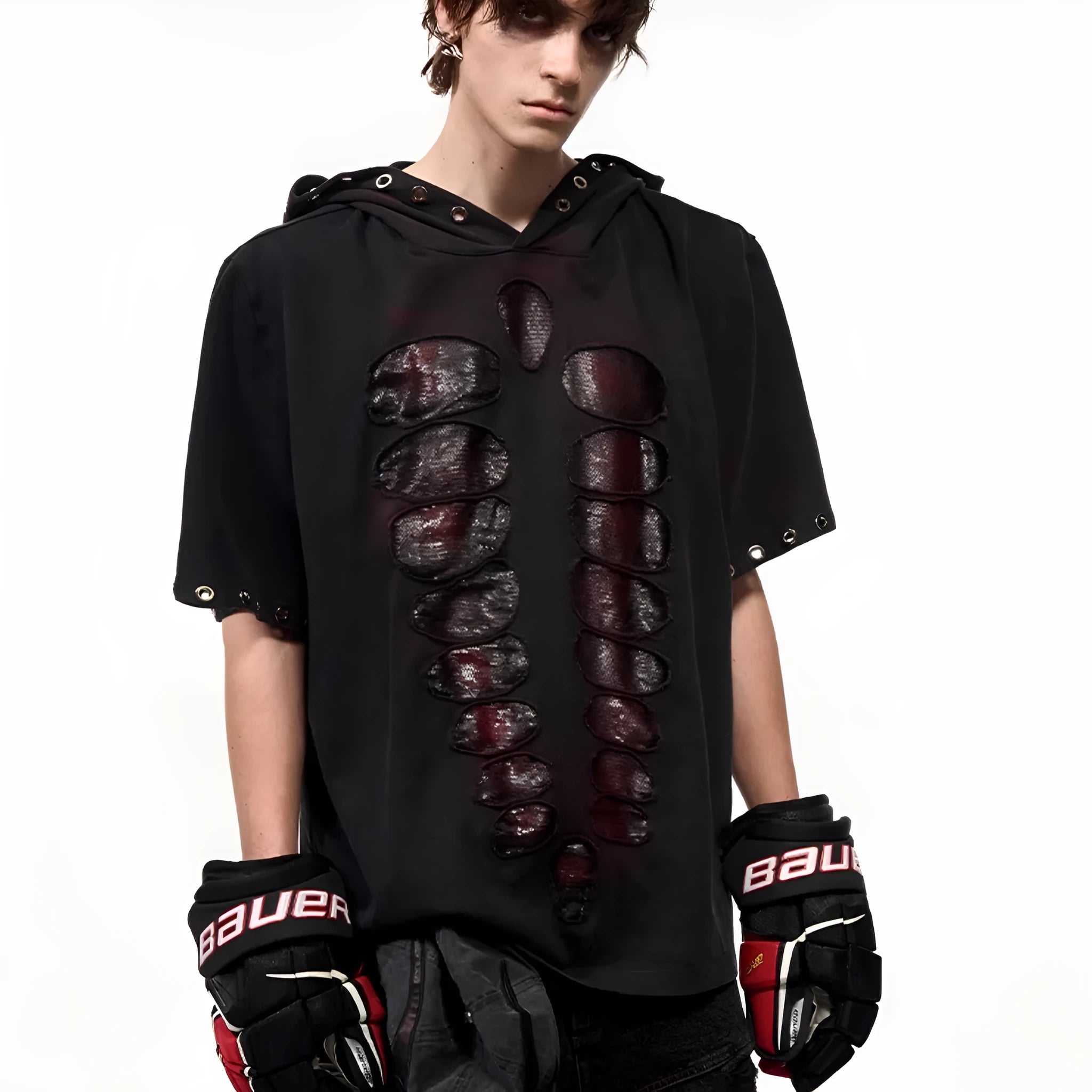 Black hooded short-sleeved T-shirt with sequin decoration in loose-fitting men's cut
