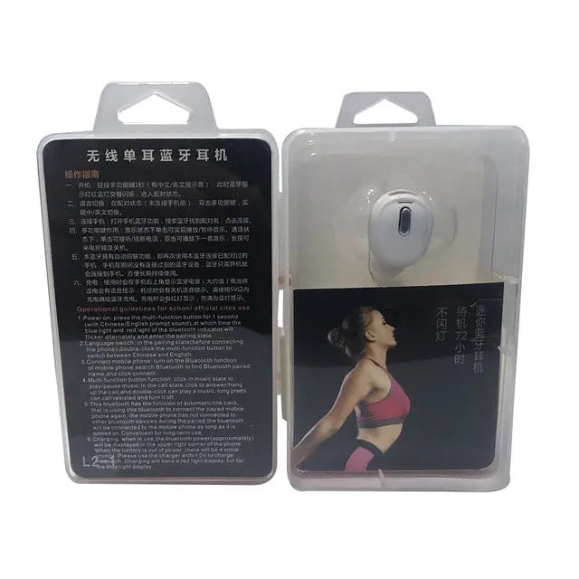 X9 mini single ear Bluetooth headset in black or white metal finish shown as an earplug-style wireless device.