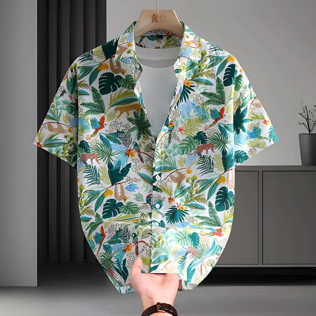 Men's floral print cotton short sleeve Hawaiian-style summer shirt on hanger