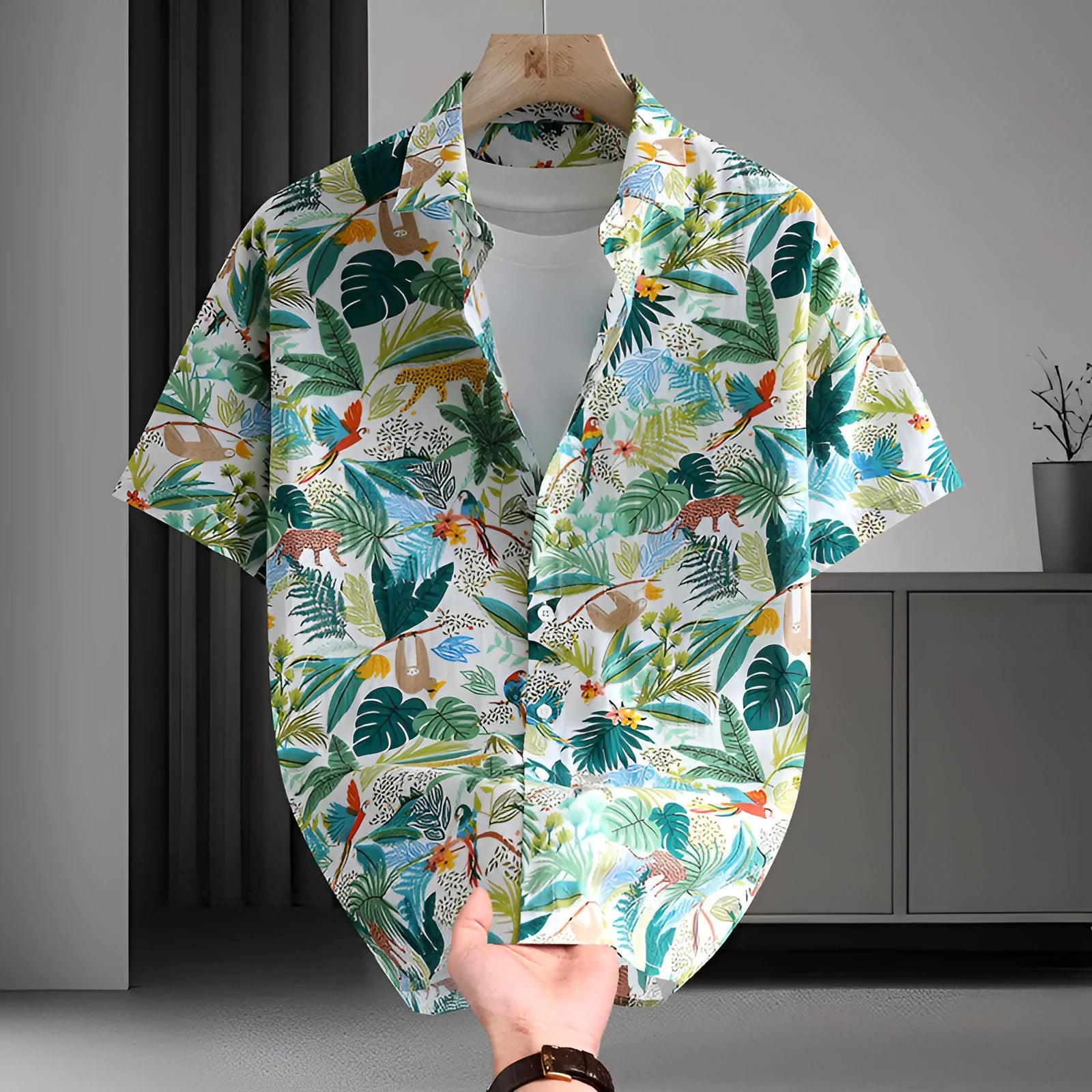Men's floral print cotton short sleeve Hawaiian-style summer shirt on hanger