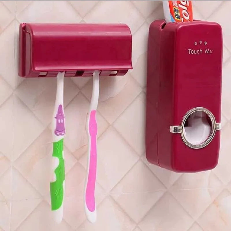 White and wine red plastic suction cup toothbrush and toothpaste holder set for bathroom walls.