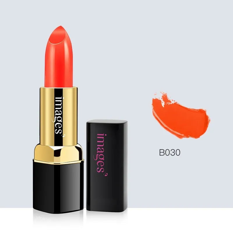 Moisturising lipstick lip gloss in 10 colours showing coral red, bright orange and babie pink shades