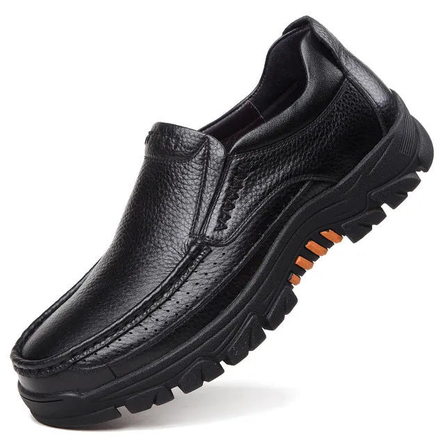 Men's black and brown genuine cowhide leather slip-on business casual shoes with rubber soles