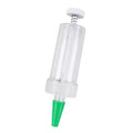 A 12cm long, 3cm diameter plastic mini garden seeder tool for dispensing seeds into pots.